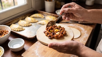 Manos sostienen tapa de empanada con relleno de carne, huevos, aceitunas y pasas. Cuchara añade más relleno. Bandeja con empanadas en el fondo.