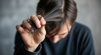 Primer plano de una mano sosteniendo un mechón de cabello oscuro recién arrancado, con una persona borrosa al fondo.