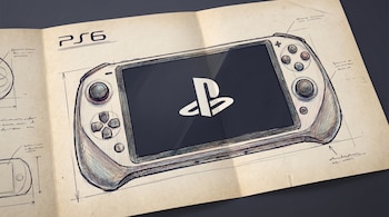Ilustración de un prospecto de consola portátil PS6 dibujada a mano sobre papel arrugado, con el logo de PlayStation en la pantalla y detalles de diseño.