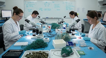 Cuatro investigadores en batas de laboratorio y guantes. Mesas con cuatro microscopios, redes de pesca, muestras biológicas, instrumentos y una pizarra.