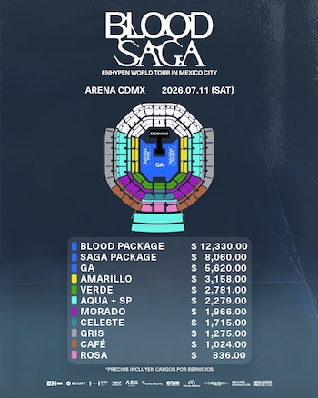 Gráfico del mapa de asientos de la Arena CDMX y la lista de precios por sección para el 'Blood Saga' World Tour de ENHYPEN, con fecha 11 de julio de 2026