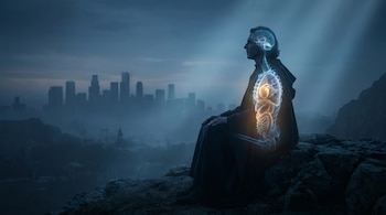 Persona de perfil sentada sobre una roca. Su torso es translúcido, mostrando cerebro, corazón y pulmones iluminados en azul y dorado, con una ciudad al fondo.