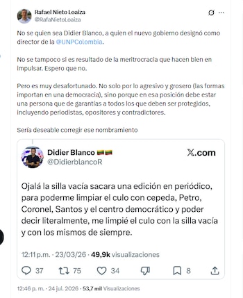 El exviceministro de Justicia Rafael Nieto Loaiza criticó la designación de Didier Blanco como director de la UNP - crédito @RafaNietoLoaiza/X