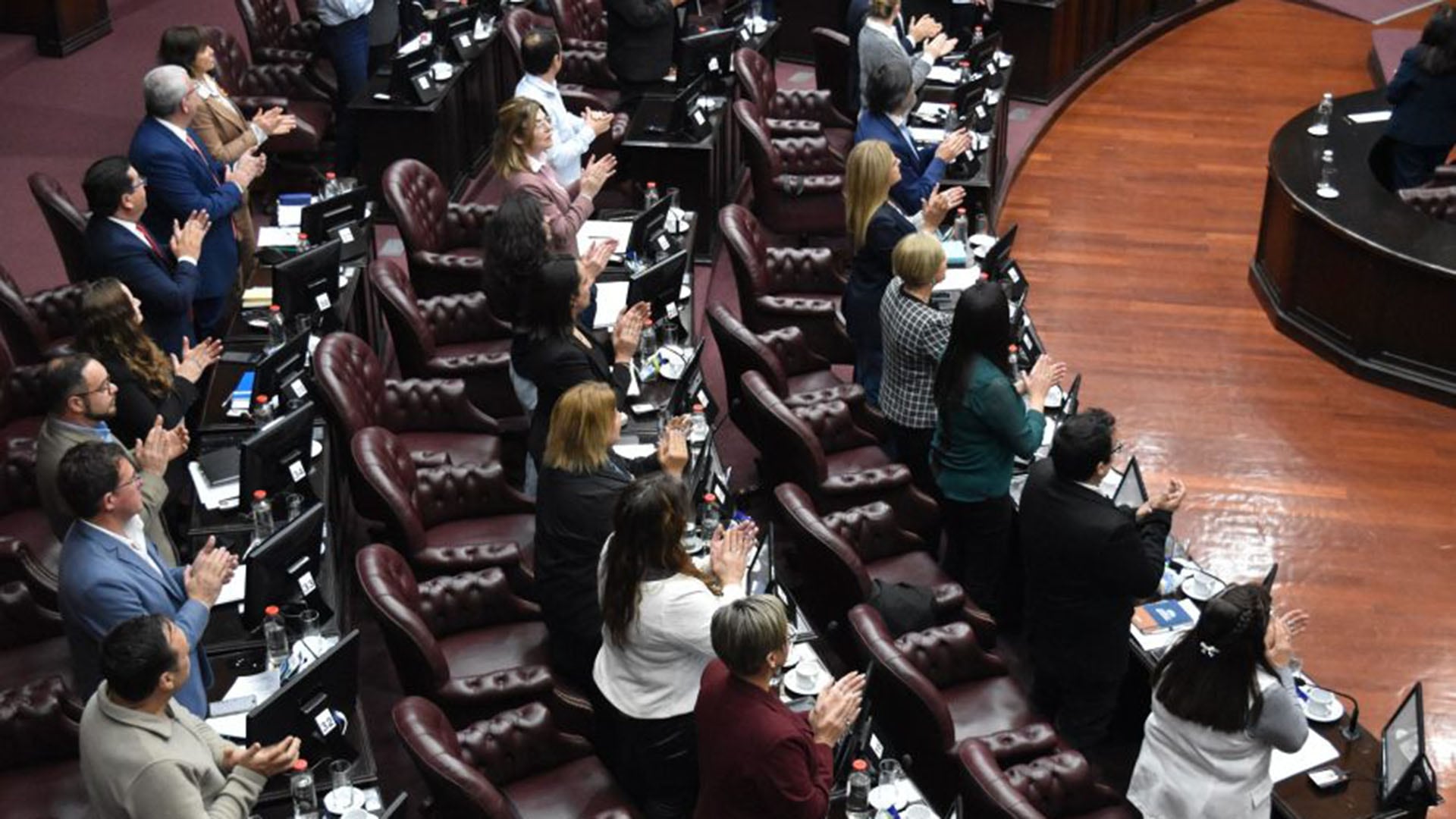 Legisladores de San Luis aplauden de pie en el recinto de la Cámara tras la votación sobre la reforma constitucional de la provincia.