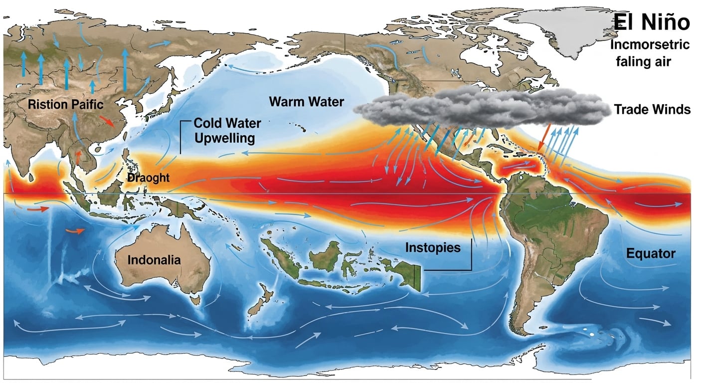 Este mapa ilustra las complejas interacciones atmosféricas y oceánicas del fenómeno El Niño, mostrando la distribución de aguas cálidas, la alteración de vientos alisios y los patrones climáticos resultantes en el Pacífico. (Imagen Ilustrativa Infobae)
