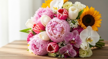 Primer plano de un ramo de flores variado con peonías rosas, tulipanes rojos y blancos, girasoles amarillos y orquídeas blancas y moradas, sobre una mesa de madera.