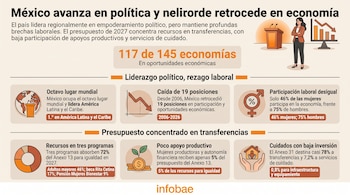 Infografía con datos estadísticos sobre la brecha de género en México, ilustrada con gráficos, íconos y la figura de una mujer.