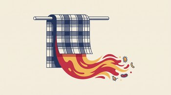 Ilustración de un paño a cuadros sobre una barra, del que surge una estela roja y amarilla junto a representaciones de bacterias sobre fondo claro.
