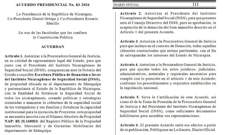 La medida abarca inmuebles en varios departamentos y se presenta como apoyo al seguro social, pero los acuerdos oficiales no explican el valor de los bienes ni su destino concreto (Captura de La Gaceta de Nicaragua)