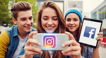 Tres adolescentes sonrientes: una chica en el centro sostiene un celular con el logo de Instagram, y otra a la derecha una tablet con el logo de Facebook.