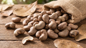 Imagen de primer plano de nueces de la India sin pelar y algunas hojas secas que se derraman de un saco de yute sobre una mesa de madera rústica. Una nuez está partida.