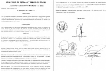 Dos páginas de un documento oficial guatemalteco con sellos, firmas de autoridades y el texto del Acuerdo Gubernativo Número 167-2026.