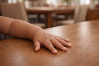 Brazo y mano de un bebé con piel clara apoyados sobre una mesa de madera marrón. Al fondo, un comedor con sillas está desenfocado.