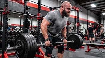 Hombre calvo con barba y camiseta gris hace remo con barra en un gimnasio, rodeado de pesas, racks y otras personas. Lleva rodilleras y correas.