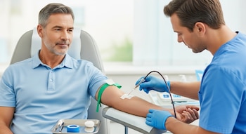 Hombre sentado en silla, brazo vendado con torniquete, aguja insertada. Profesional de la salud con guantes azul y uniforme azul realiza extracción.