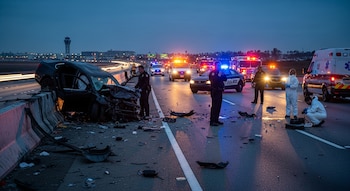 Vista de un accidente automovilístico nocturno con un coche destrozado en primer plano, policías, forenses, ambulancia y camiones de bomberos con luces intermitentes.