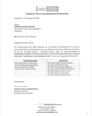 El Congreso ya definió los coordinadores y ponentes que participarán en el primer debate del proyecto de Presupuesto General de la Nación para la vigencia 2027 - crédito Senado de la República