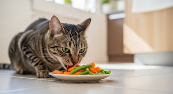 Un gato atigrado con ojos verdes come zanahorias, judías verdes y guisantes de un plato blanco en el suelo de una cocina iluminada por luz natural.