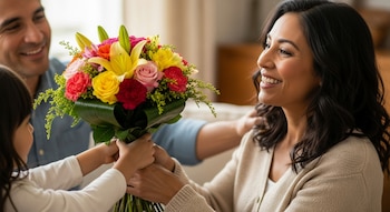 Una mujer mestiza latinoamericana de unos 40 años, con cabello oscuro, sonríe mientras recibe un colorido ramo de flores de su esposo e hijo.