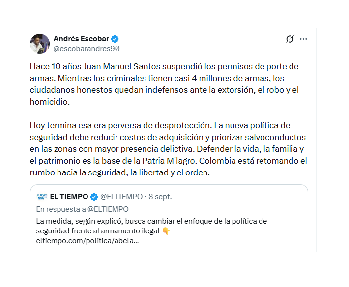 Con este mensaje en X, el concejal Andrés Escobar elevó su defensa al decreto que permite el porte legal de armas en Colombia - crédito @escobarandres90/X
