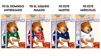 Cuatro paneles idénticos muestran a un perro Cheems llorando y abrazando una almohada, con camisetas de México, Noruega, Francia e Inglaterra