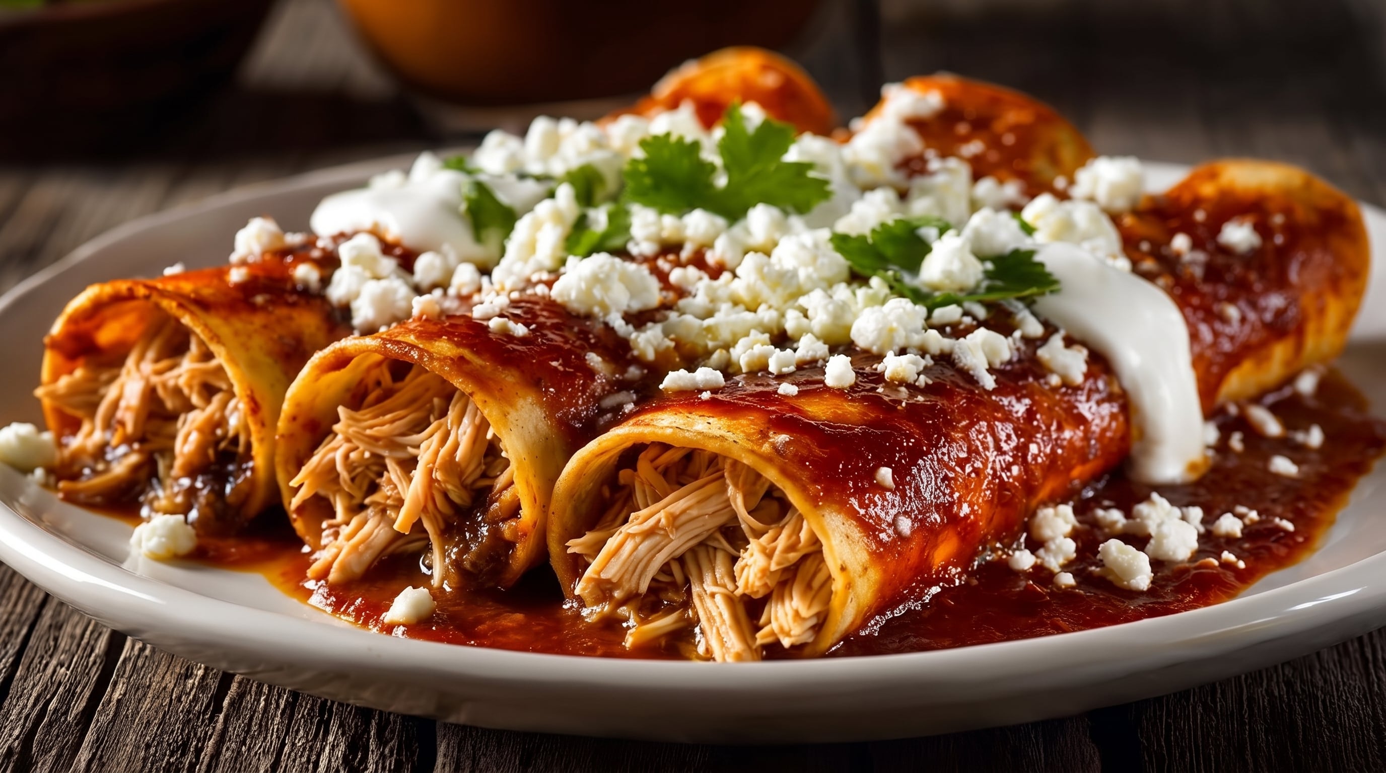 Un plato de enchiladas rojas rellenas de pollo deshebrado lleva abundante queso fresco, crema y hojas de cilantro. (Imagen Ilustrativa Infobae)