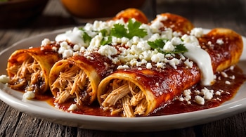 Cuatro enchiladas bañadas en salsa roja y rellenas de pollo deshebrado, cubiertas con queso blanco, crema y cilantro en un plato blanco.