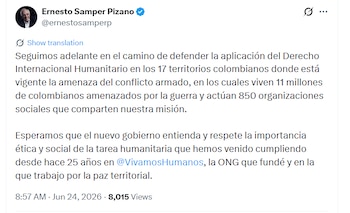 El expresidente aseguró que actualmente existen 17 territorios colombianos donde persiste la amenaza de la confrontación armada, una situación que, según indicó, impacta a cerca de 11 millones de habitantes - crédito @ernestosamperp/X