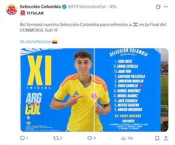 Luigi Ortiz figura en el once inicial de Colombia Sub 17 para enfrentar a la selección argentina en la gran final del torneo - crédito @FCFSeleccionCol/X