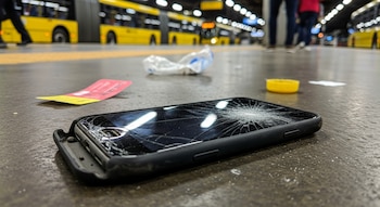 Primer plano de un celular negro con la pantalla rota y la carcasa parcialmente desprendida, tirado en el suelo de una estación de TransMilenio con autobuses al fondo.