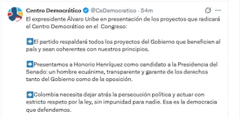 Este fue el balance de la reunión con los congresistas del Centro Democrático - crédito @CeDemocratico/X