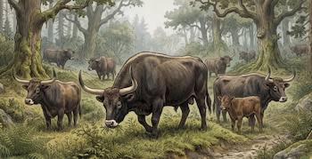 Ilustración de varios bueyes y toros con cuernos y un ternero en un bosque rodeado de árboles y helechos