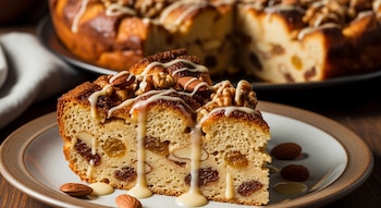 Una porción de budín de pan con pasas, nueces y almendras en un plato, cubierta con glaseado; el resto del budín se ve al fondo.