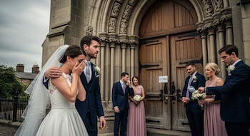 Novia llorando con el rostro cubierto por sus manos, novio y varios invitados frente a la puerta cerrada de una iglesia con un cartel de "CLOSED".