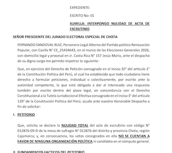 Pedido de nulidad de Renovación Popular