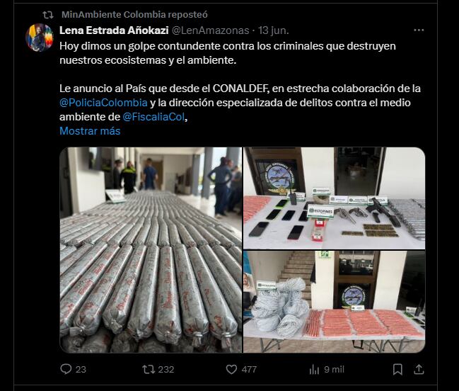 Entre los elementos decomisados se encuentran 102 barras de Anfo, 774 de indugel, 600 detonadores eléctricos, 1.300 metros de cordón detonante, un kilogramo de mercurio, tres armas de fuego cortas, ocho teléfonos móviles y un radio de comunicación - crédito @LenAmazonas/X