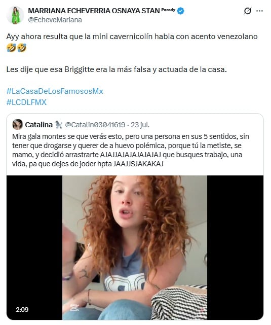 Comentario de cuenta parodia de Mariana Echeverria a Briggitte Bozzo (Captura de pantalla/X)