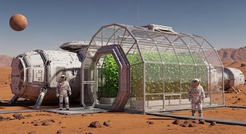 Dos astronautas en trajes espaciales blancos de pie en la superficie rocosa de Marte, con un hábitat modular y un invernadero lleno de plantas verdes. Marte flota en el cielo azul.
