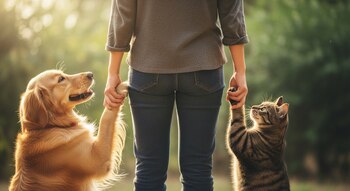 Una persona de espaldas sostiene las patas de un golden retriever a la izquierda y un gato atigrado a la derecha, ambos animales miran a la persona con cariño.