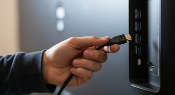 Close de uma mão segurando um cabo HDMI preto com conector dourado, prestes a conectá-lo a uma porta HDMI ARC na parte traseira de um dispositivo.
