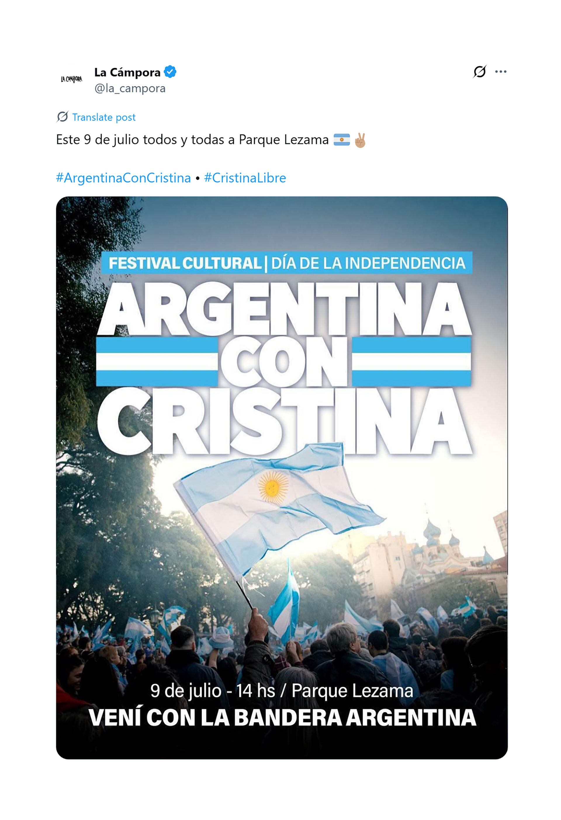 La Cámpora convocó a un acto en Parque Lezama por el Día de la Independencia y para pedir por Cristina Kirchner
