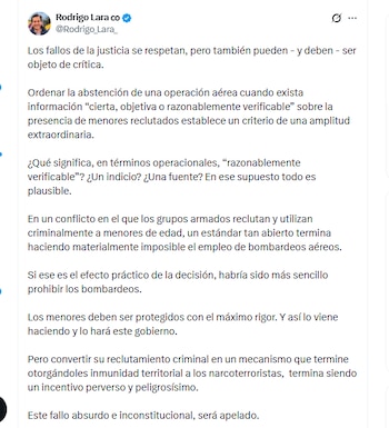 El ministro Rodrigo Lara informó que apelará el fallo del juzgado de Bogotá que ordena suspender temporalmente las operaciones aéreas ofensivas - crédito @Rodrigo_Lara_/X