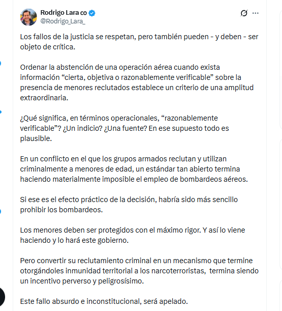 El ministro Rodrigo Lara informó que apelará el fallo del juzgado de Bogotá que ordena suspender temporalmente las operaciones aéreas ofensivas - crédito @Rodrigo_Lara_/X