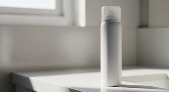 Envase cilíndrico de aerosol blanco con tapa translúcida en una superficie blanca, con luz natural que entra por una ventana en el fondo.