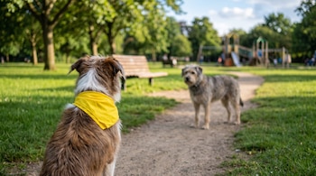 Dos perros en un parque, uno con pañuelo amarillo de espaldas en primer plano, otro perro al fondo en un sendero de tierra, césped, árboles y bancos.
