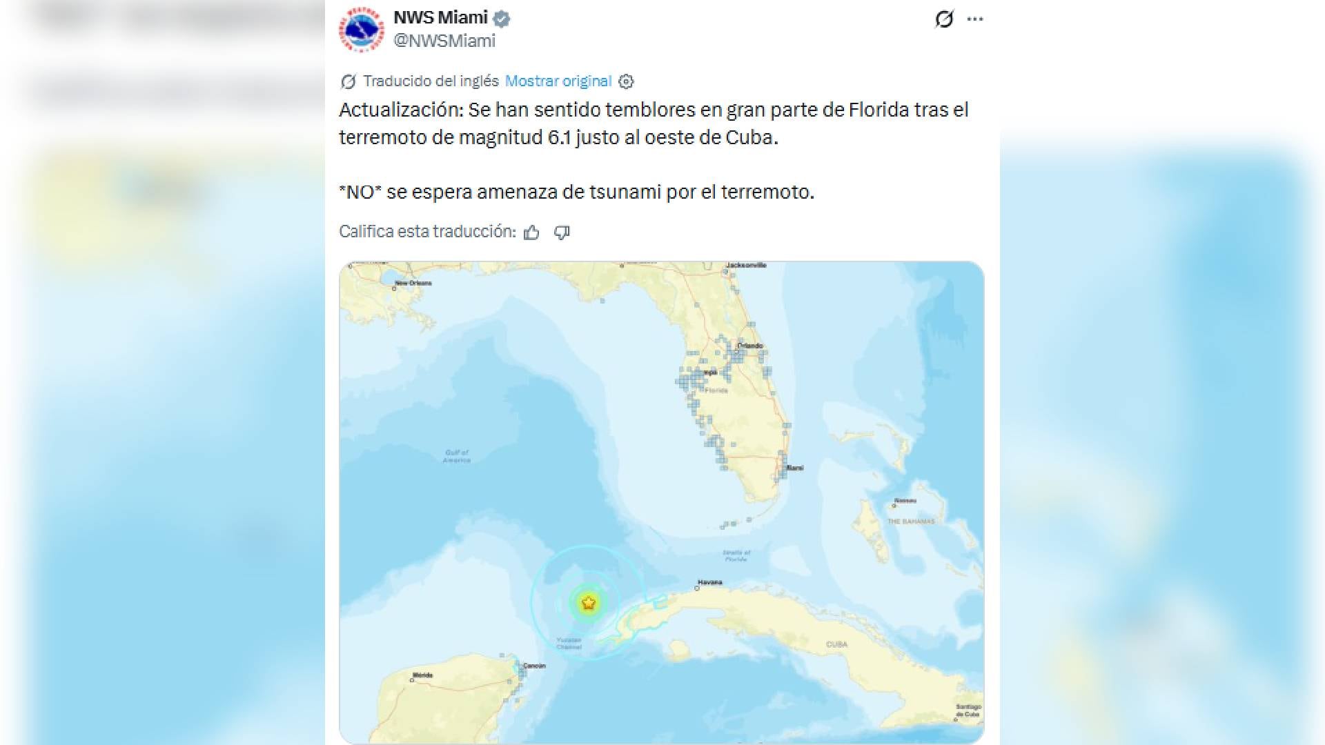 El Centro Nacional de Alerta de Tsunamis descartó riesgo de tsunami y Cuba no reportó heridos ni daños materiales inmediatos por el terremoto