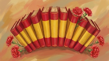Ilustración de libros con lomos que forman la bandera de España con franjas rojas y amarillas. Varios claveles rojos y un fondo con pinceladas cálidas.