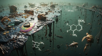 Superficie marina con derrame de petróleo, botellas plásticas y estructuras químicas de PFAS. Bajo el agua, peces y una tortuga marina entre redes y contaminación.