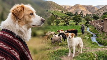 Retrato de un perro blanco y marrón con poncho andino, junto a una escena con ganado, un pastor y montañas