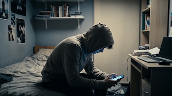 Un adolescente con capucha está sentado de lado en una cama desordenada en una habitación con poca luz, usando un teléfono móvil que ilumina su rostro. Se ven posters y un escritorio.